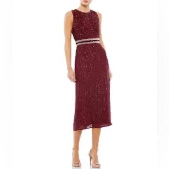 Mac Duggal | Dresses | Mac Duggal High Neck Sleeveless Sequined Chiffon  Midi Dress Newtag Burgundy Sz2 | Poshmark